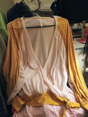 Free People Wrap Top with Mustard Floral Balloon Sleeves! New..